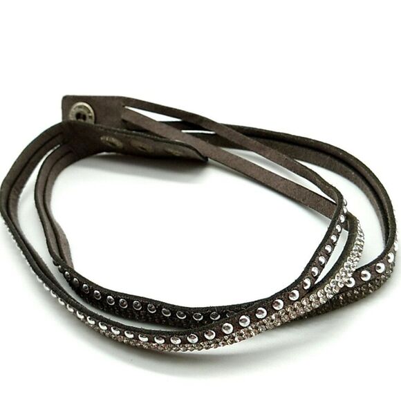 YIK Fung Crystal Studded Leather Wrap Bracelet Signed - Picture 6 of 15